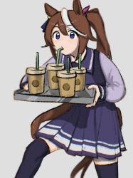 Rule 34 | 1girl, animal ears, blue eyes, brown hair, cup, disposable cup, drinking, drinking straw, feet out of frame, grey background, highres, holding, holding tray, horse ears, horse girl, horse tail, long hair, long sleeves, looking at viewer, mado (71221497o), multicolored hair, ponytail, purple skirt, purple thighhighs, sailor collar, school uniform, simple background, skirt, solo, streaked hair, tail, thighhighs, tokai teio (umamusume), tracen school uniform, tray, umamusume, walking