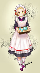 Rule 34 | 1girl, apron, artist name, bad id, bad pixiv id, blonde hair, blush, boots, braid, briska, cup, floral background, flower, frilled apron, frills, full body, green eyes, head tilt, heart, holding, holding tray, korean clothes, lily (flower), maedeup, maid, maid apron, maid headdress, original, short hair, smile, solo, standing, tassel, teapot, tray