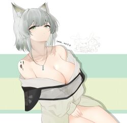Rule 34 | 1girl, absurdres, animal ears, arknights, bare shoulders, breasts, cat ears, cleavage, collarbone, commentary request, covering crotch, covering privates, dress, green eyes, grey hair, highres, kal&#039;tsit (arknights), large breasts, long sleeves, looking at viewer, material growth, off shoulder, oripathy lesion (arknights), sarea (sarea2020), short hair, sitting, solo