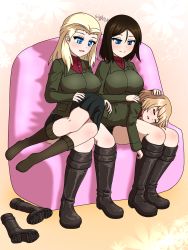 Rule 34 | 3girls, age difference, black hair, blonde hair, blue eyes, blush, boots, unworn boots, breasts, child, clara (girls und panzer), closed eyes, closed mouth, cocoa maroon, girls und panzer, highres, katyusha (girls und panzer), lap pillow, large breasts, looking at another, military, military uniform, multiple girls, nonna (girls und panzer), onee-loli, open mouth, polygamy, pravda military uniform, shiny skin, short hair, sleeping, small breasts, smile, uniform, yuri