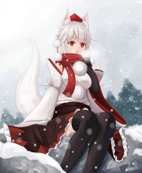 Rule 34 | 1girl, animal ears, bad id, bad pixiv id, black thighhighs, chestnut mouth, detached sleeves, hat, inubashiri momiji, outdoors, pom pom (clothes), red eyes, red scarf, rock, scarf, sitting, skirt, snow, snowing, solo, tail, thighhighs, tokin hat, touhou, white hair, wolf ears, wolf tail, yukitourou