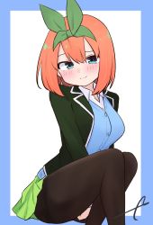 Rule 34 | 1girl, between legs, black jacket, black pantyhose, blazer, blue background, blue cardigan, blue eyes, blush, breasts, cardigan, closed mouth, collared shirt, commentary request, dress shirt, eyebrows hidden by hair, feet out of frame, go-toubun no hanayome, green ribbon, green skirt, hair between eyes, hair ribbon, hand between legs, highres, jacket, kujou karasuma, looking at viewer, medium breasts, nakano yotsuba, open clothes, open jacket, orange hair, pantyhose, pleated skirt, ribbon, shirt, signature, sitting, skirt, smile, solo, two-tone background, white background, white shirt