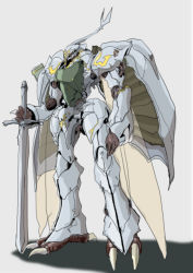 Rule 34 | absurdres, aura battler dunbine tale of the neo byston well, green eyes, grey background, highres, holding, holding sword, holding weapon, insect wings, kuroneko koubou, looking ahead, marker (medium), mecha, no humans, robot, seisenshi dunbine, seisenshi dunbine: new story of aura battler dunbine, sirbine, sketch, solo, standing, sword, traditional media, weapon, wings