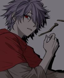 Rule 34 | 1boy, brown shirt, commentary request, earrings, hair over one eye, jewelry, unworn jewelry, korean commentary, lying, male focus, parted lips, purple hair, red eyes, red shawl, saibou shinkyoku, shawl, shirt, short hair, solo, spoilers, sukihome, theodore riddle