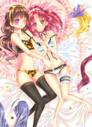 Rule 34 | 2girls, ;), absurdres, akagi towa, amanogawa kirara, bed sheet, black legwear, bow, bra, breasts, brown hair, cleavage, closed mouth, from above, go! princess precure, hair between eyes, hair bow, hair intakes, hairband, highres, lace, lace-trimmed panties, lace trim, lingerie, long hair, looking at viewer, lying, medium breasts, multiple girls, off shoulder, on back, one eye closed, panties, pillow, precure, purple eyes, red eyes, red hair, shiny clothes, shiny legwear, shiny skin, smile, thigh strap, thighhighs, touki matsuri, two-tone bra, two-tone panties, underwear, underwear only, white bra, white panties, yellow bow, yellow bra, yellow hairband, yellow panties