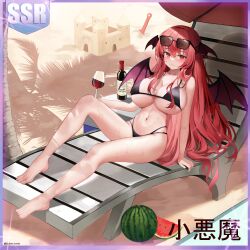 Rule 34 | 1girl, absurdres, alcohol, bare arms, bare legs, bare shoulders, barefoot, bikini, black bikini, bottle, breasts, character name, cup, demon wings, dobostorte, drinking glass, food, fruit, head wings, highres, koakuma, large breasts, long hair, navel, parasol, red eyes, red hair, red wings, solo, swimsuit, touhou, umbrella, watermelon, wine, wine bottle, wine glass, wings
