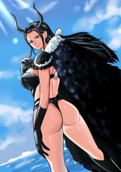 Rule 34 | 1girl, absurdres, alternate costume, ass, beast pirates, beast pirates uniform, black hair, breasts, gloves, highres, huge ass, large breasts, long hair, naughty face, nico robin, official alternate costume, one piece, revealing clothes, shiny skin, sideboob, sky, smile, tattoo, thick thighs, thighs, thong, tina fate, wide hips