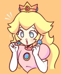 Rule 34 | !, 1girl, :o, artist name, blonde hair, blue eyes, blue gemstone, blush, breasts, bright pupils, brooch, clenched hands, cropped torso, crown, earrings, elbow gloves, eyelashes, gem, gloves, hands up, jewelry, long hair, mario (series), nintendo, no nose, notice lines, open mouth, orange background, peach-odyssey, pink shirt, princess, princess peach, puffy short sleeves, puffy sleeves, shirt, short sleeves, simple background, small breasts, solo, super mario bros. 1, thick lips, upper body, white gloves, white pupils