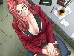 Rule 34 | 00s, 1girl, blazer, breasts, business suit, chair, cleavage, cleavage (game), desk, dutch angle, formal, game cg, glasses, green eyes, huge breasts, ichinose sayaka, jacket, large breasts, long hair, miniskirt, office, pencil skirt, red hair, sei shoujo, sitting, skirt, skirt suit, smile, solo, suit, teacher, thighhighs, uniform, zettai ryouiki