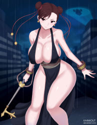 Rule 34 | &gt;:), 1girl, alternate costume, bare arms, bare legs, bare shoulders, bat signal, batman (series), black dress, blush, bracelet, breasts, brown eyes, brown hair, capcom, china dress, chinese clothes, chun-li, city, cleavage, closed mouth, cloud, collarbone, curvy, dc comics, double bun, dress, earrings, facing viewer, feet out of frame, female focus, hair bun, hair ribbon, holding, holding weapon, huge breasts, jewelry, kainkout, keyblade, kingdom hearts, looking at viewer, night, no bra, outdoors, parody, pelvic curtain, rain, revealing clothes, ribbon, shiny skin, short hair, sky, smile, solo, spiked bracelet, spikes, street fighter, street fighter iv (series), thighs, v-shaped eyebrows, weapon, wide hips