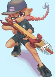 Rule 34 | 1boy, baseball cap, black footwear, black shirt, black shorts, blue background, braid, closed mouth, commentary request, full body, grey hat, gun, hat, highres, holding, holding gun, holding weapon, inkling, inkling boy, inkling player character, long hair, nastar r0, nintendo, one eye closed, orange hair, pointy ears, red eyes, shadow, shirt, shoes, shorts, simple background, single braid, snipewriter (splatoon), solo, splatoon (series), splatoon 3, tentacle hair, weapon