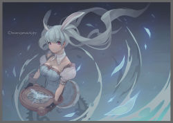 Rule 34 | 1girl, animal ears, black footwear, blue dress, blue hair, border, breasts, character name, chinese commentary, chronomancer (tree of savior), clock, collar, commentary request, detached collar, dress, full body, grey border, holding, holding pocket watch, jokerpang, large breasts, light blue hair, long hair, looking at viewer, number print, oversized object, parted lips, pocket watch, puffy short sleeves, puffy sleeves, purple eyes, rabbit ears, roman numeral, shoes, short sleeves, socks, solo, standing, tree of savior, watch, white collar, white socks