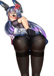 Rule 34 | 10s, 1girl, absurdres, anger vein, ass, black pantyhose, blunt bangs, blush, breasts, embarrassed, from behind, hair ornament, hair ribbon, headgear, highres, huge ass, kantai collection, large breasts, long hair, murakumo (kancolle), panties, panties under pantyhose, pantyhose, ribbon, saito (esu), silver hair, simple background, skirt, smile, solo, standing, thighband pantyhose, tress ribbon, underwear, upskirt, white background, wide hips