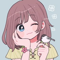 Rule 34 | 1girl, ;), animal, bird, bird on hand, blouse, blue background, blue eyes, blush stickers, bracelet, brown hair, closed mouth, emma (kumaema), flower, flower (symbol), hand on own face, head tilt, highres, jewelry, looking at viewer, medium hair, one eye closed, original, pink flower, portrait, shirt, short sleeves, signature, simple background, smile, solo