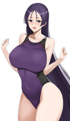 Rule 34 | 1girl, absurdres, bare shoulders, blush, breasts, collarbone, covered navel, fate/grand order, fate (series), highleg, highleg swimsuit, highres, higofushi, large breasts, long hair, looking at viewer, minamoto no raikou (fate), one-piece swimsuit, open mouth, parted bangs, purple eyes, purple hair, purple one-piece swimsuit, smile, solo, swimsuit, very long hair