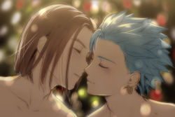 Rule 34 | 2boys, bad id, bad pixiv id, blue hair, blurry, blurry background, blush, brown hair, camus (dq11), closed eyes, collarbone, commentary request, couple, depth of field, dragon quest, dragon quest xi, earrings, facing another, hero (dq11), imminent kiss, jewelry, male focus, mondi hl, multiple boys, parted bangs, portrait, smile, spiked hair, yaoi