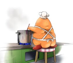 Rule 34 | apron, ass, chef hat, chef kawasaki, commentary, commentary request, cooking, from behind, full body, hat, kirby (series), nintendo, no humans, sasaki sakiko, solo, stool, sweat, white hat