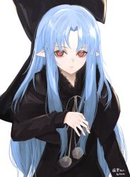 Rule 34 | 1girl, artist name, bad id, bad pixiv id, black bow, black capelet, black dress, blue hair, bow, capelet, dress, eyelashes, highres, kava, len (tsukihime), light blue hair, long hair, long sleeves, looking at viewer, pointy ears, pom pom (clothes), red eyes, simple background, solo, tsukihime, white background