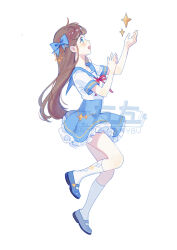 Rule 34 | 1girl, absurdres, argyle, argyle clothes, argyle legwear, arm up, artist name, blue bow, blue eyes, blue footwear, blue skirt, bow, brown hair, chinese commentary, collarbone, commentary, frilled skirt, frills, from side, full body, hair bow, hair ornament, hand up, hidari (nanmu-left), highres, light blush, long hair, looking at object, looking up, mary janes, neck ribbon, open hands, open mouth, original, profile, red ribbon, ribbon, sample watermark, shirt, shoes, short sleeves, simple background, skirt, socks, solo, star (symbol), star hair ornament, straight hair, very long hair, watermark, white background, white shirt, white socks