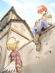 Rule 34 | 1boy, 1girl, ahoge, back, belt pouch, blacksmith, blacksmith (ragnarok online), blonde hair, blue pants, blue sky, blush, boots, brick wall, building, clock, clock tower, cloud, day, eye contact, from below, gloves, hairband, long sleeves, looking at another, merchant, merchant (ragnarok online), outdoors, pants, pouch, ragnarok online, red eyes, red hair, shirt, skirt, sky, sleeves rolled up, sleeves rolled up, suka, tower, wall, white shirt