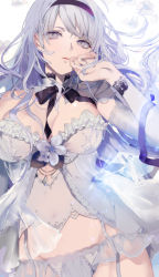 Rule 34 | 1girl, babydoll, bare shoulders, breasts, cleavage, closed mouth, commentary request, detached collar, detached sleeves, flower, garter straps, grey eyes, hair between eyes, hairband, hand to own mouth, hand up, highres, lace, large breasts, lingerie, long hair, looking at viewer, original, panties, parted lips, see-through, silver hair, solo, underwear, white babydoll, white panties, yukisame