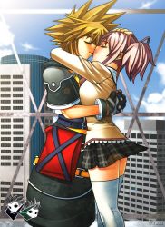 Rule 34 | 1boy, 1girl, arm around neck, artist name, black skirt, breasts, brown hair, building, city, closed eyes, closed mouth, cloud, crossover, day, fingerless gloves, from side, gloves, hand on another&#039;s head, hetero, hug, jadenkaiba, kaname madoka, kingdom hearts, kiss, legs, long sleeves, mahou shoujo madoka magica, mahou shoujo madoka magica (anime), medium breasts, mitakihara school uniform, outdoors, pink hair, plaid, plaid skirt, pleated skirt, ribbon, school uniform, short hair, short sleeves, short twintails, skirt, sky, smile, sora (kingdom hearts), spiked hair, square enix, standing, thighhighs, twintails, white thighhighs
