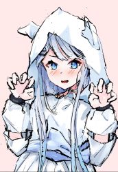 Rule 34 | 1girl, amatsuka uto, animal ears, blue eyes, blue hair, blush, cat ears, colored tips, detached sleeves, dress, hair ornament, hairclip, halter dress, halterneck, highres, hood, hoodie, indie virtual youtuber, jayvee, long hair, looking at viewer, multicolored hair, open mouth, ribbon, simple background, solo, upper body, virtual youtuber