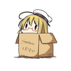 Rule 34 | 10s, 1girl, blonde hair, box, cardboard box, glasses, hat, hatsuzuki 527, i-8 (kancolle), in box, in container, kantai collection, low twintails, peaked cap, red-framed eyewear, sailor hat, simple background, solid oval eyes, solo, translated, twintails, twitter username, white background