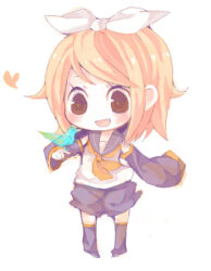 Rule 34 | 1girl, alternate eye color, animal, bird, bird on hand, blonde hair, blush, bow, brown eyes, chibi, detached sleeves, fang, full body, hair bow, heart, kagamine rin, long hair, long sleeves, lowres, neckerchief, niwako, open mouth, sailor collar, shirt, shorts, sleeveless, sleeveless shirt, sleeves past fingers, sleeves past wrists, smile, solo, vocaloid