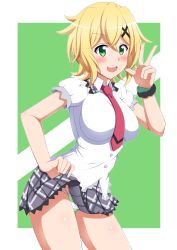 Rule 34 | 1girl, akatsuki kirika, blonde hair, blush, breasts, clothes lift, commentary request, green eyes, green panties, hair between eyes, hair ornament, highres, large breasts, lifted by self, looking at viewer, lydian academy school uniform, necktie, open mouth, panties, pantyshot, school uniform, scrunchie, senki zesshou symphogear, shiny skin, short hair, short sleeves, skirt, skirt lift, smile, solo, standing, striped clothes, striped panties, sukeberosu, teeth, underwear, v, x hair ornament