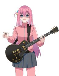 Rule 34 | 1girl, absurdres, black skirt, blue eyes, bocchi the rock!, cube hair ornament, electric guitar, gar32, gotoh hitori, grey background, guitar, hair between eyes, hair ornament, highres, holding, holding instrument, instrument, jacket, long sleeves, looking at viewer, one side up, open mouth, pants, pants under skirt, pink hair, pink jacket, pink pants, pleated skirt, plectrum, shaded face, simple background, skirt, solo, standing, track jacket, track pants, track suit, wavy mouth