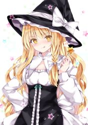Rule 34 | 1girl, :q, adapted costume, bad id, bad twitter id, black dress, black hat, blonde hair, blush, bow, braid, breasts, center frills, commentary request, dress, frills, hair bow, hair ribbon, hand on own hip, hand up, hat, hat bow, hat ribbon, highres, holding, holding wand, juliet sleeves, kirisame marisa, long hair, long sleeves, looking at viewer, nanase nao, nose blush, puffy sleeves, ribbon, side braid, simple background, single braid, small breasts, solo, star (symbol), starry background, tongue, tongue out, touhou, tress ribbon, upper body, v-shaped eyebrows, very long hair, wand, wavy hair, white background, white bow, white ribbon, witch hat, yellow eyes