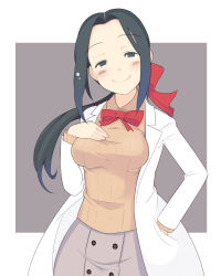 Rule 34 | 1girl, black eyes, black hair, blush, bow, breasts, hair bow, hands on own chest, lab coat, large breasts, devil survivor, mochizuki mari, nakamura hashi, oza watto, perky breasts, ponytail, smile, solo, sweater