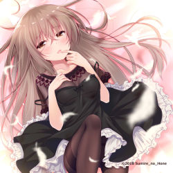 Rule 34 | 1girl, 2018, ahoge, black dress, blurry, blurry foreground, blush, breasts, brown eyes, brown hair, brown pantyhose, commentary request, depth of field, dress, feathers, finger to mouth, frilled dress, frills, hair between eyes, highres, ko yu, long hair, looking at viewer, lying, medium breasts, on back, original, pantyhose, parted lips, sleeveless, sleeveless dress, solo, strap slip, thighband pantyhose, very long hair, white feathers