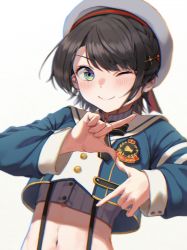 Rule 34 | 1girl, blue eyes, blue jacket, blurry, blush, braid, brown hair, character name, chromatic aberration, commentary request, crop top, cropped jacket, depth of field, gradient background, grey hat, grey shirt, hair ornament, hairclip, hand gesture, hat, highres, hololive, jacket, kanoe (tatsukanoe), navel, one eye closed, oozora subaru, oozora subaru (work), sailor hat, shadow, shirt, short hair, sidelocks, simple background, solo, stomach, striped clothes, striped shirt, suspenders, swept bangs, upper body, vertical-striped clothes, vertical-striped shirt, virtual youtuber, white background