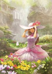 Rule 34 | 1girl, arm garter, bell line gown, belt, brown hair, building, rabbit, day, dress, closed eyes, field, flower, gown, guchico, happy, hat, hibiscus, highres, long hair, meadow, molze, original, outdoors, pink dress, pixiv festa, puffy sleeves, smile, solo, sun hat
