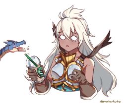 Rule 34 | 1girl, bare shoulders, brown gloves, commentary, commission, cropped torso, cup, dark-skinned female, dark skin, disposable cup, dragon, drinking straw, english commentary, female focus, gloves, granblue fantasy, graysheartart, hair between eyes, long hair, o o, platinum blonde hair, simple background, solo, tearing up, trembling, triangle mouth, twitter username, upper body, white background, zooey (granblue fantasy)