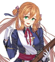 Rule 34 | 1girl, bad id, bad twitter id, blush, bolt action, breasts, brown hair, girls&#039; frontline, gloves, green eyes, hair between eyes, kws, long hair, looking at viewer, m1903 springfield, open mouth, ribbon, rifle, smile, solo, springfield (girls&#039; frontline), weapon