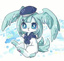 Rule 34 | androgynous, aqua hair, artist request, blue eyes, dog, ear wings, furry, gender request, hat, sailor hat, short hair, solo, white background, wings