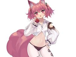 Rule 34 | 1girl, :o, animal ear fluff, animal ears, apple, arknights, black panties, collarbone, commentary, cowboy shot, crop top, food, fox ears, fox tail, fruit, hair ornament, hand on own hip, hand up, head tilt, highres, holding, holding food, holding fruit, large tail, long sleeves, looking at viewer, midriff, navel, open mouth, panties, panties over pantyhose, pantyhose, pink eyes, pink hair, shamare (arknights), shirt, short hair, simple background, solo, standing, stomach, tail, thighs, twintails, underwear, uuuu (xinguwu), white background, white pantyhose, white shirt