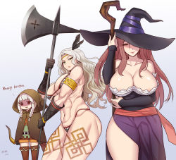 Rule 34 | 3girls, abs, amazon (dragon&#039;s crown), armor, axe, bikini armor, blonde hair, boots, bow (weapon), breast envy, breasts, brown eyes, cleavage, dragon&#039;s crown, dress, elf (dragon&#039;s crown), english text, feathers, gloves, green eyes, hat, hat over one eye, hood, huge breasts, large breasts, lips, long hair, multiple girls, muscular, muscular female, one eye covered, orange hair, pointy ears, profanity, shaded face, silver hair, smile, sorceress (dragon&#039;s crown), staff, strapless, strapless dress, tattoo, thick thighs, thigh boots, thighhighs, thighs, triangle mouth, weapon, witch hat, zhen lu
