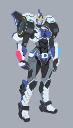 Rule 34 | autobot, black sclera, blue eyes, breasts, colored sclera, exocet (exocet4), full body, grey background, highres, large breasts, looking at viewer, mecha, mecha focus, open hands, parted lips, robot, science fiction, solo, standing, strongarm (transformers), transformers, transformers: robots in disguise (2015), v-fin