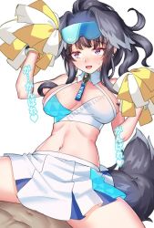 Rule 34 | 1boy, 1girl, animal ears, bare shoulders, black hair, blue archive, blush, breasts, cheerleader, cowgirl position, crop top, dog ears, dog girl, dog tail, eyewear on head, girl on top, goggles, goggles on head, halo, hibiki (blue archive), hibiki (cheer squad) (blue archive), holding, holding pom poms, implied sex, long hair, looking at viewer, medium breasts, midriff, millennium cheerleader outfit (blue archive), miniskirt, navel, open mouth, paid reward available, pleated skirt, pom pom (cheerleading), pom poms, ponytail, purple eyes, shirokuma a, simple background, skirt, sleeveless, straddling, tail, white background