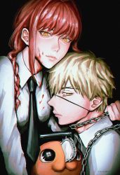 Rule 34 | 1boy, 1girl, :3, black background, black necktie, blonde hair, blood, blood on clothes, blood on face, blouse, braid, braided ponytail, breasts, chain, chained, chainsaw, chainsaw man, denji (chainsaw man), eyepatch, highres, long hair, long sleeves, looking at viewer, makima (chainsaw man), medium breasts, mercyerr, necktie, pochita (chainsaw man), ponytail, red hair, shirt, short hair, simple background, white shirt, yellow eyes