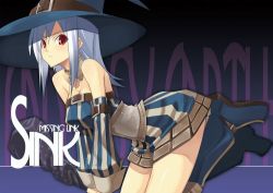 Rule 34 | 1girl, albino, bare shoulders, belt, boots, breasts, choker, cleavage, detached sleeves, fantasy earth zero, hat, long hair, red eyes, shingo (missing link), shorts, solo, striped, white hair, witch, witch hat