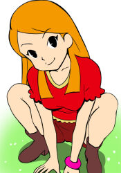 Rule 34 | 1girl, black eyes, boots, breasts, brown footwear, brown shorts, cameltoe, character request, closed mouth, collarbone, full body, haruyama kazunori, jewelry, long hair, looking at viewer, medium breasts, orange hair, shorts, smile, solo