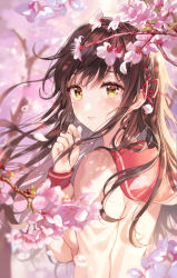 Rule 34 | 1girl, absurdres, blurry, blush, braid, branch, brown hair, brown shirt, bubble, cherry blossoms, closed mouth, commentary request, depth of field, floating hair, flower, hair ribbon, hand up, highres, holding, holding petal, long hair, long sleeves, looking at viewer, original, petals, pink flower, red sailor collar, ribbon, sailor collar, school uniform, shirt, sidelocks, solo, tears, tokkyu, upper body, wind, yellow eyes