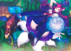 Rule 34 | 1girl, academy ahri, ahri (league of legends), alternate costume, alternate eye color, alternate hair color, alternate hairstyle, animal ears, arm behind head, bad id, bad pixiv id, bibico, blue skirt, breasts, dragon, energy ball, falling, female focus, fox ears, fox tail, from above, gromp, hair ornament, hairpin, large breasts, league of legends, lips, long hair, looking at viewer, miniskirt, multiple tails, necktie, outstretched hand, parted lips, pleated skirt, red eyes, red hair, shirt, shoes, skirt, slit pupils, smile, solo, sweater, tail, thighhighs, thighs, white shirt