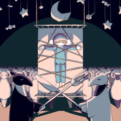 Rule 34 | 1boy, avogado6, bed, bed frame, bib, blonde hair, blue headwear, blue pajamas, blue pants, blue shirt, bound, butter knife, candy, closed eyes, crescent moon, crucifixion, food, fork, hat, holding, lollipop, long sleeves, moon, on bed, original, outstretched arms, pajamas, pants, rope, sheep, shirt, sleeping, sleeping upright, socks, spread arms, star (symbol), symbolism, tapir, tied up (nonsexual), u u, white legwear