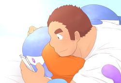 Rule 34 | 1boy, 3c pan, alternate costume, bara, brown hair, casual, facial hair, facial scar, from side, tamamura gunzo, highres, holding, holding phone, long sideburns, male focus, muscular, muscular male, phone, pillow, scar, scar on cheek, scar on face, shirt, short hair, sideburns, smile, solo, spiked hair, spirit, stubble, thick eyebrows, tokyo houkago summoners, white shirt